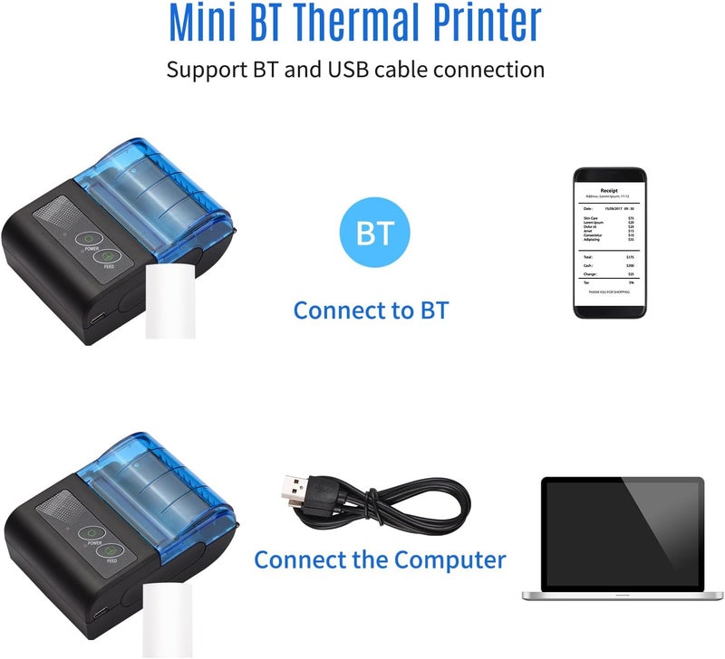 Sunydog Receipt Printer, Portable Mini Thermal Receipt Printers USB Receipt Bill Ticket Printer with 58mm Print Paper, Fit for Android Fit for Win, Thermal Printers for Restaurants Sales Retail - Image 2